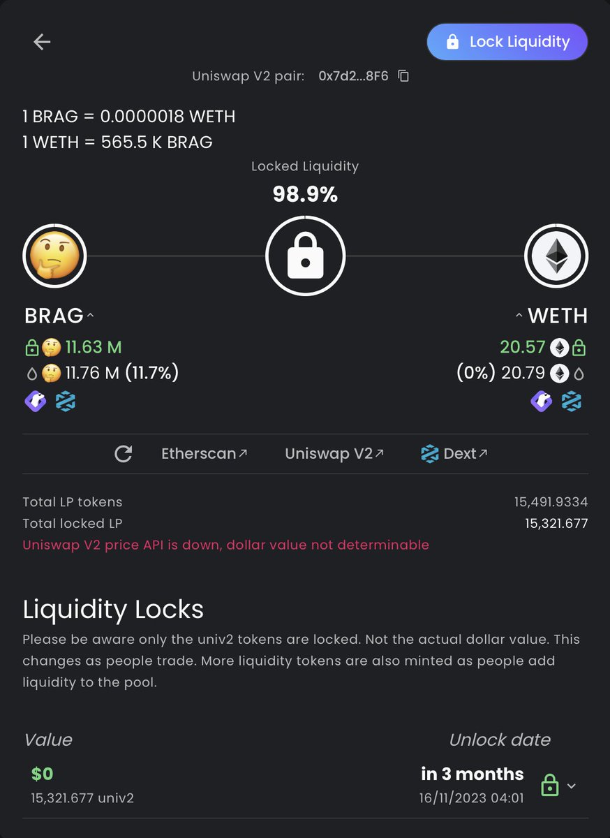BRAG_ERC20's tweet photo. LP is locked for 3 months ✅

https://t.co/DKKt3gKVbE

$BRAG #BRAG #ETH #STEALTHLAUNCH https://t.co/KXtWC8RN1L
