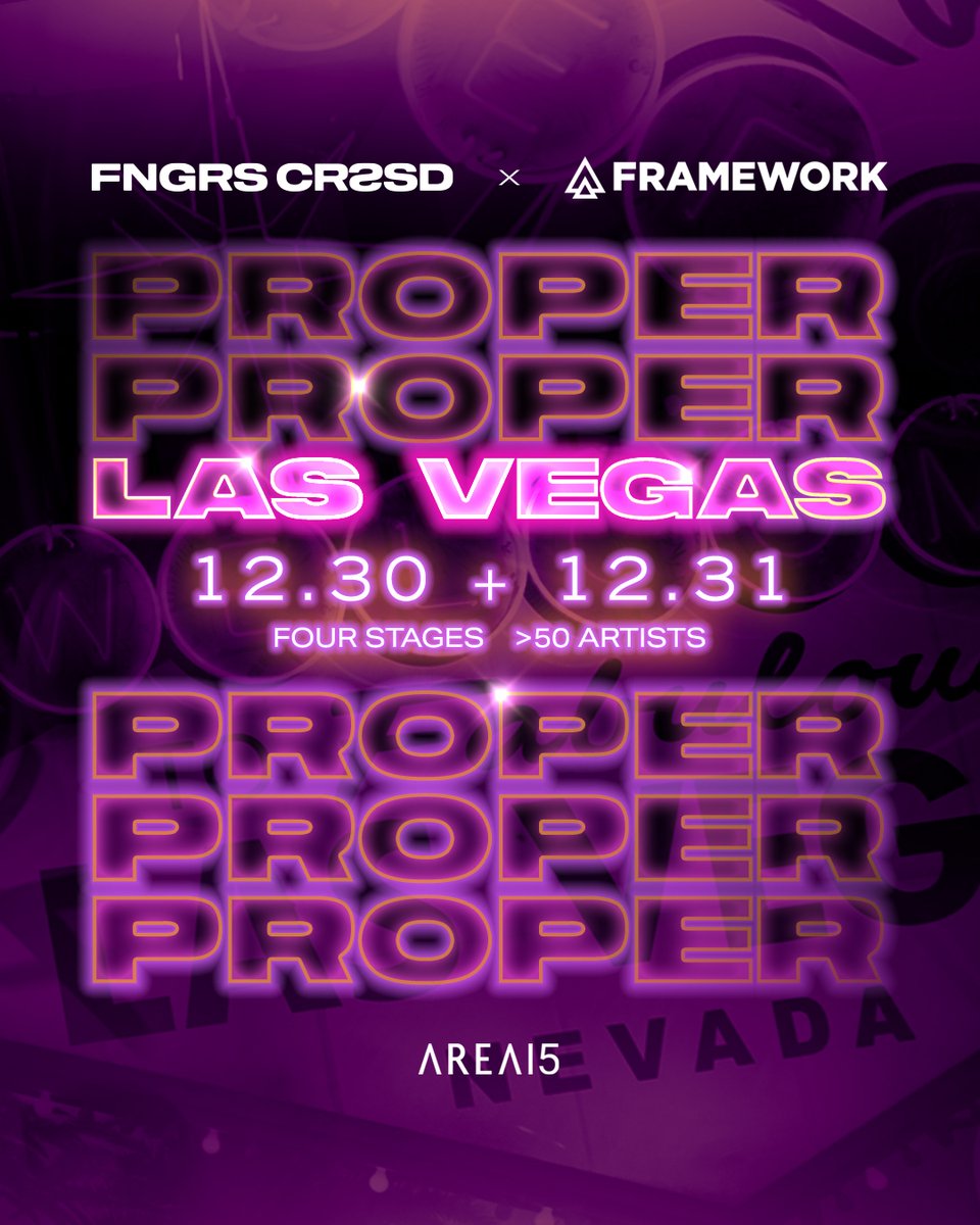 ProperNYE's tweet photo. .@FNGRSXCRSSD & @thisisframework have partnered up to bring you the debut #ProperLV to @AREA15official
4 stages, 50+ artists against the vast backdrop of Area 15.
Lineup lands next week — expect #ProperSD talent + more.
Text “PROPERLV” to (855) 912-1457 for first look. https://t.co/FKj7tU8rf2