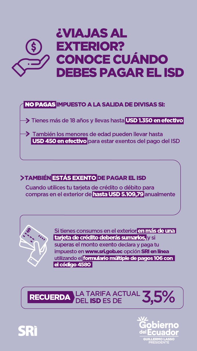SRIoficialEc's tweet photo. ¡Viaja al exterior sin complicaciones!

Los ecuatorianos mayores de edad que salgan del país pueden llevar hasta USD 1.350 en efectivo en cada viaje exentos del ISD y los menores de edad hasta USD 450.
🧵 https://t.co/dz5XYaOeSV
