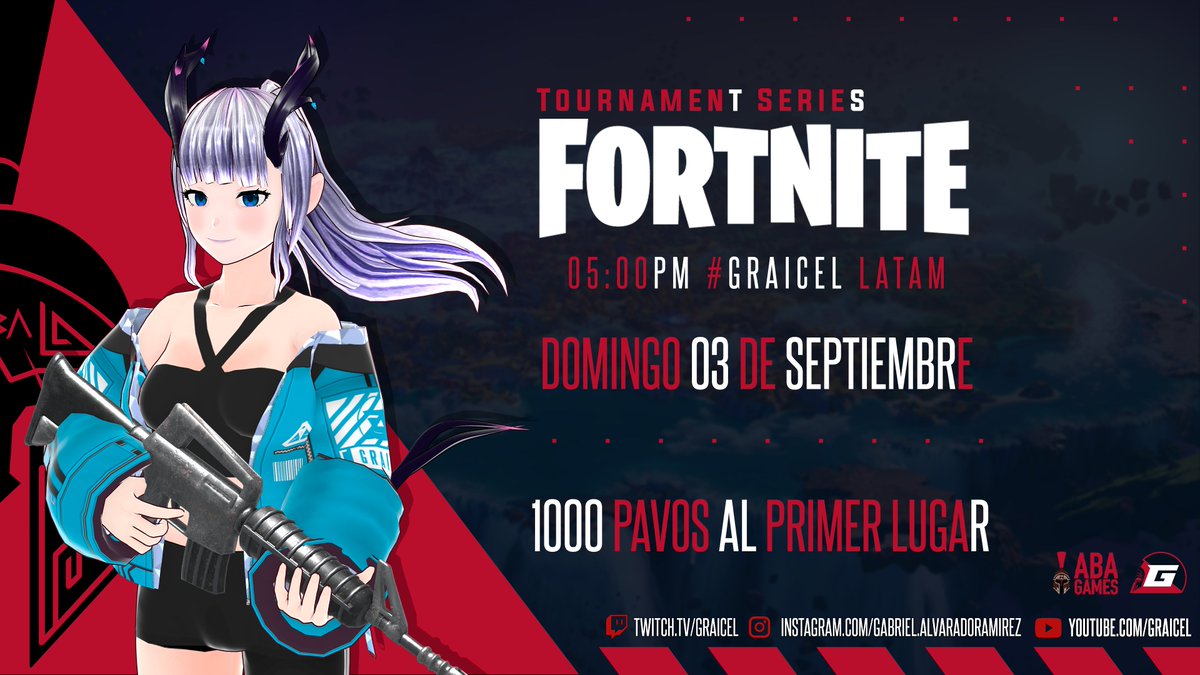 Vuelven el Tournament Series al Canal!
Graicel y ABA Games los invita a este Torneo de partura de la Season 4 Capitulo 4 de Fortnite
Entrada Gratuita
1000 Pavos al PRIMER Lugar
Info yRegistro a mi Persona: +50660199793 O facebook.com/gabriel.alvara… mensaje