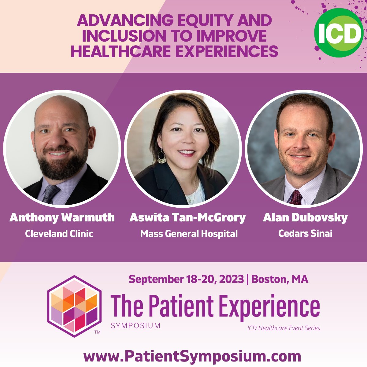 Join us at the Px Symposium (Sept 18-20 in Boston) for an engaging discussion with Anthony Warmuth, Alan Dubovsky, and Aswita Tan-McGrory about breaking down the barriers that lead to #inequalities in #healthcare. More at: hubs.li/Q01_mqX20 #HealthEquity #PatientExperience