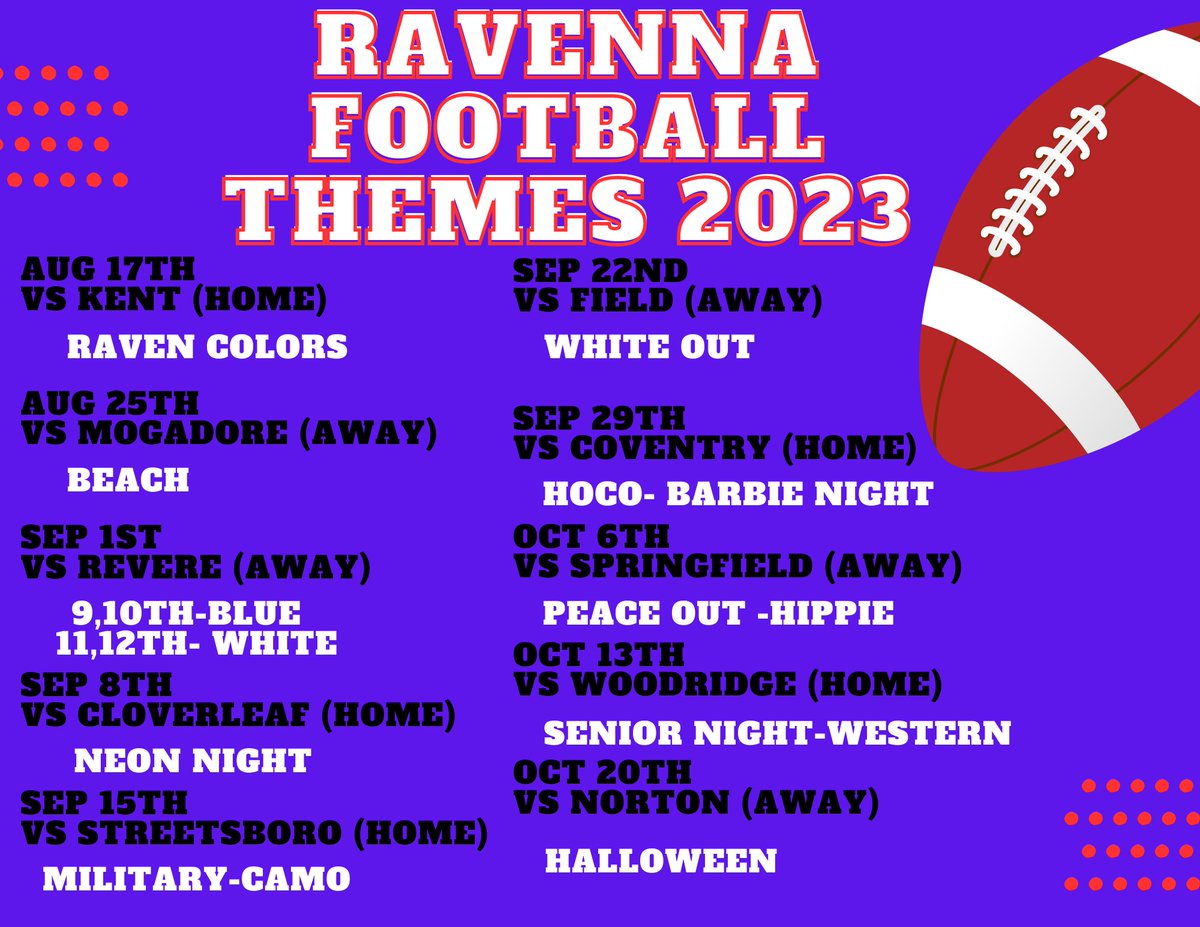 Come to the Ravenna Vs Kent game! The theme is Raven Colors ❤️💙🤍 See yall at 7!