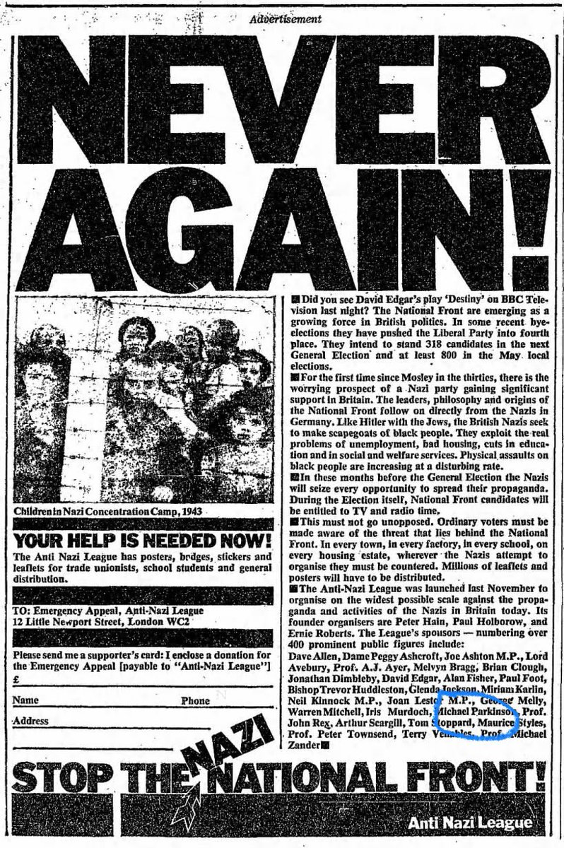 Michael Parkinson a founder member of the Anti Nazi League alongside Brian Clough, Melvyn Bragg and Iris Murdoch #RIP