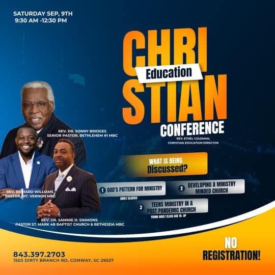 We have our Pastor, Rev. Dr. Sonny Bridges and some dynamic facilitators coming to the B1 Church for our Christian Education Conference on September 9 at 9:30AM-12:30PM

We have some powerful classes for our adults, young adults, youth, children and more! Invite everyone you know