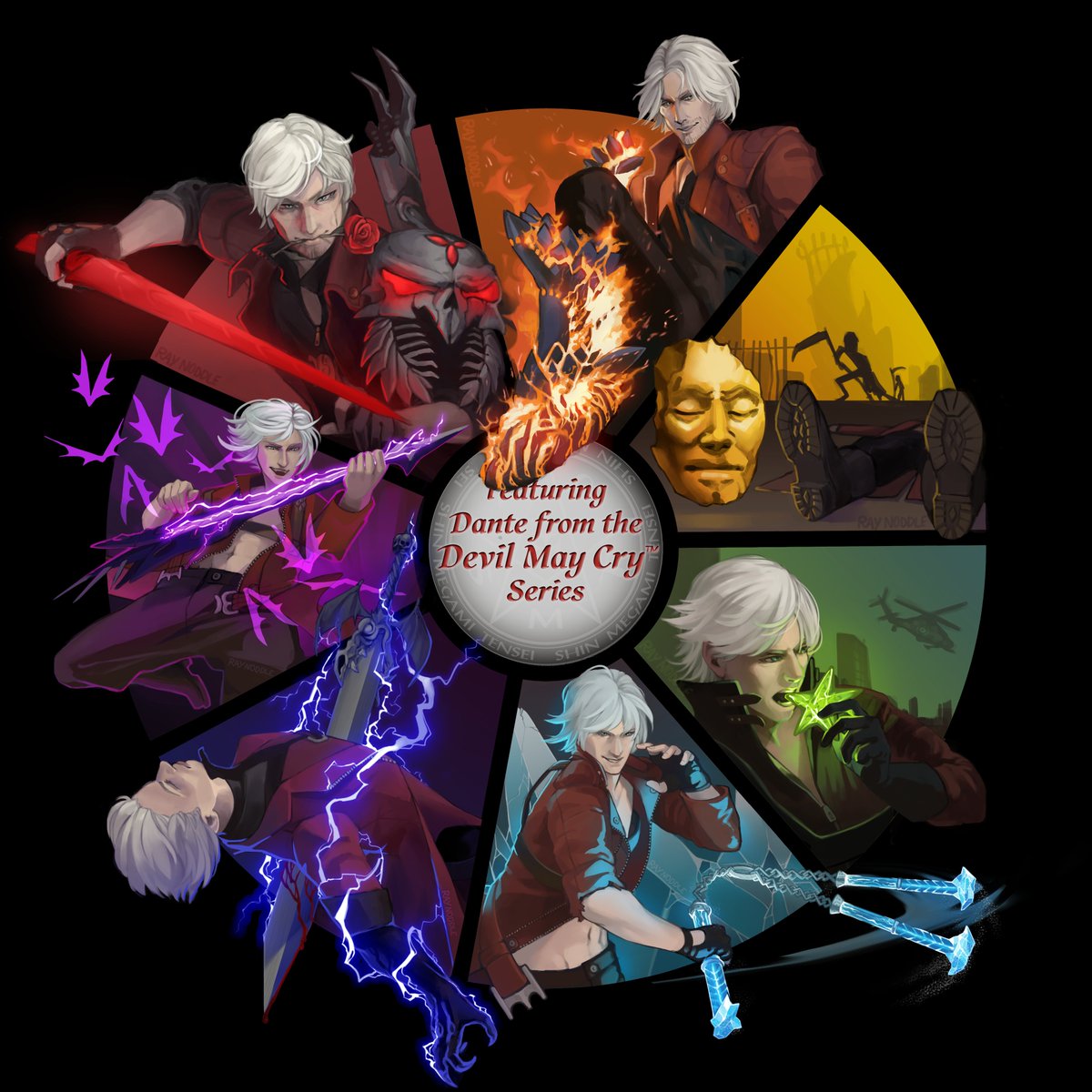 Ray_Noddle's tweet photo. The color wheel challenge is complete! One Dante for every occasion!
Red for Lucifer, orange for Balrog, yellow for skill Issue, green for dont worry, cyan for Cerberus, blue for Alastor and purple for Nevan.
Thanks for everyone that gave ideas and encouragement, it was fun #DMC https://t.co/p7dN9nm4xe