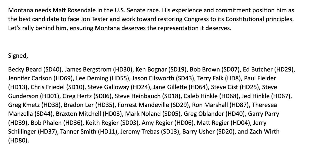hollykmichels's tweet photo. State Senate president and speaker of the state House sign onto a letter w/ 37 other state GOP legislators supporting Matt Rosendale, not Tim Sheehy, for the U.S. Senate race against Tester.

This is opposite of GOP U.S. Sen. Steve Daines, who backs Sheehy.

#mtpol #mtleg https://t.co/rkv7XTDbi5