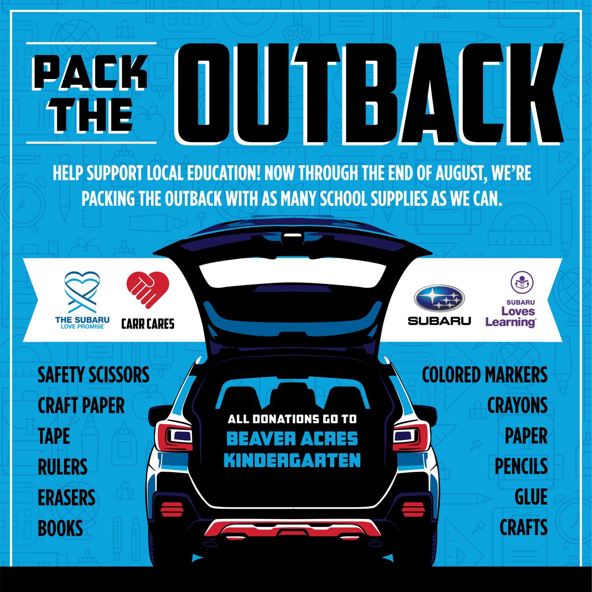 Time is running out! Please help us with our goal to fill an Outback and donate as many supplies as possible to Beaver Acres Elementary before the end of August. #SubaruLovesLearning