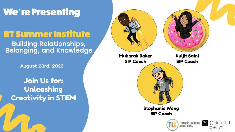 HEY Beginning Teachers @tdsb_TLL 🤩. Join <a href="/KuljitSaini28/">Kuljit Saini</a> <a href="/mswongs_class/">Ms Wong</a> and I on Aug 23 🗓️ at the JCCC as we Unleash Creativity in STEM 💡👷🏾👷⚙️ .