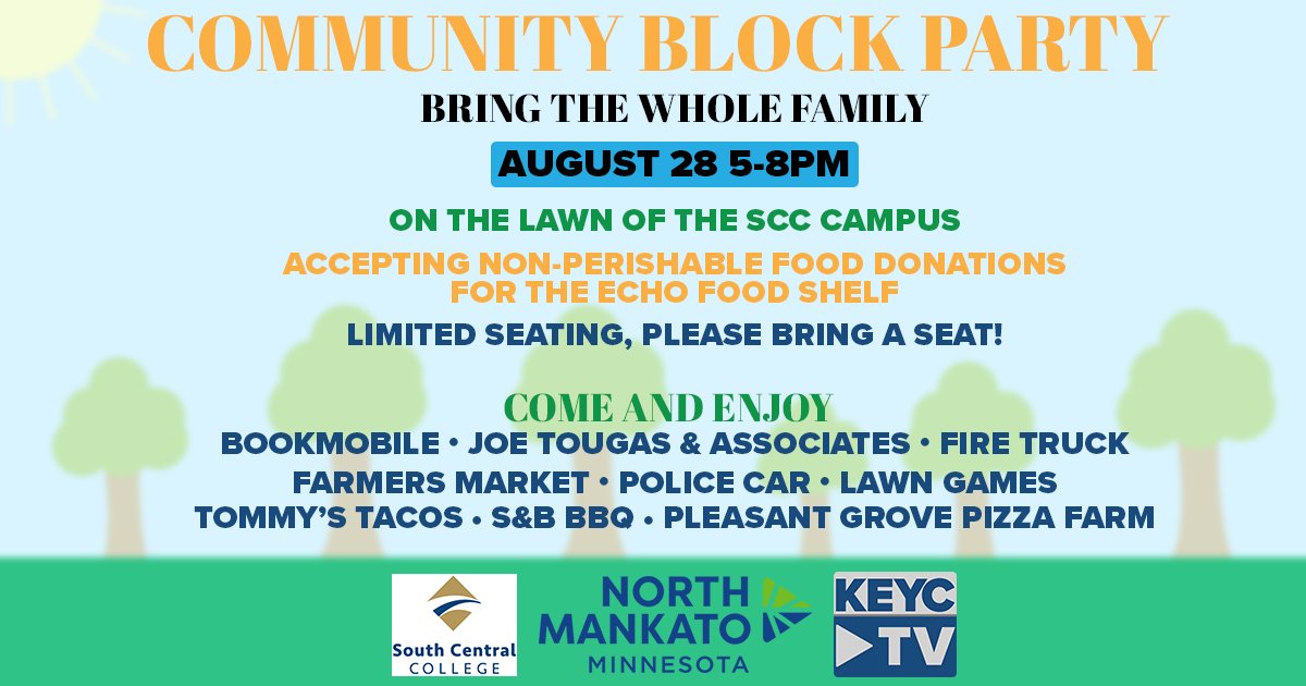 NorthMankatoMN's tweet photo. You're invited to attend a Community Block Party on August 28th! Join the City, @SCCollege, and @KEYCNewsNow from 5-8pm on the lawn of SCC for some fun for the whole family! https://t.co/6ML067L6Ii