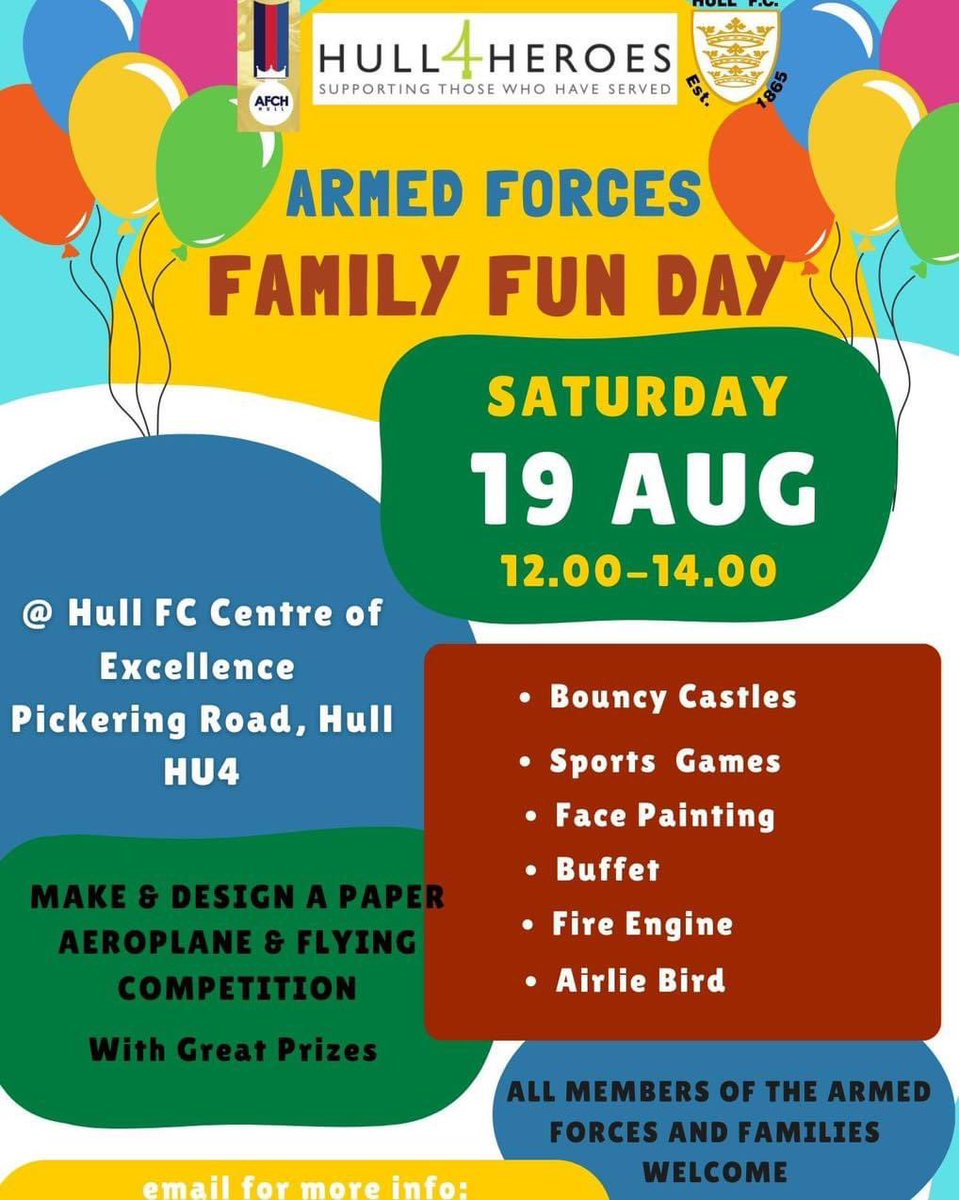 Don’t forget our Armed Forces Family Fun Day takes place this Saturday 

🏫 Hull FC Centre of Excellence, Pickering Road, HU4

⏰ 12:00 - 14:00

Bouncy castles, entertainment, face painting and much more 

Come along and join the fun