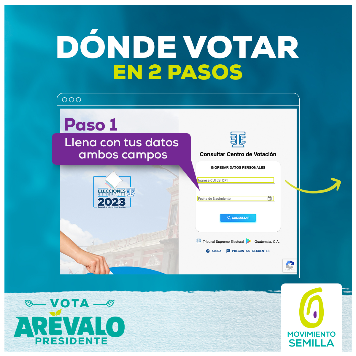 BArevalodeLeon's tweet photo. ¿Ya sabes en dónde te toca votar? Entra a https://t.co/B0EwEi4D9O, ingresa tus datos y conoce tu centro de votación. Este 20 de agosto, vota por el #CambioYFuturo, #VotaArévalo  🌱 https://t.co/HGYRH4Tg5N