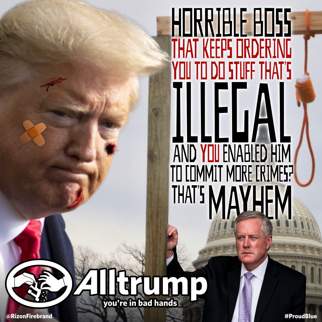 Horrible boss that keeps ordering you to do stuff that's ILLEGAL and YOU enabled him to commit more crimes?
That's MAYHEM.
#Alltrump #YoureInBadHands 
#TrumpMayhem #TheRICObunch #TrumpIndictments #ProudBlue #parody