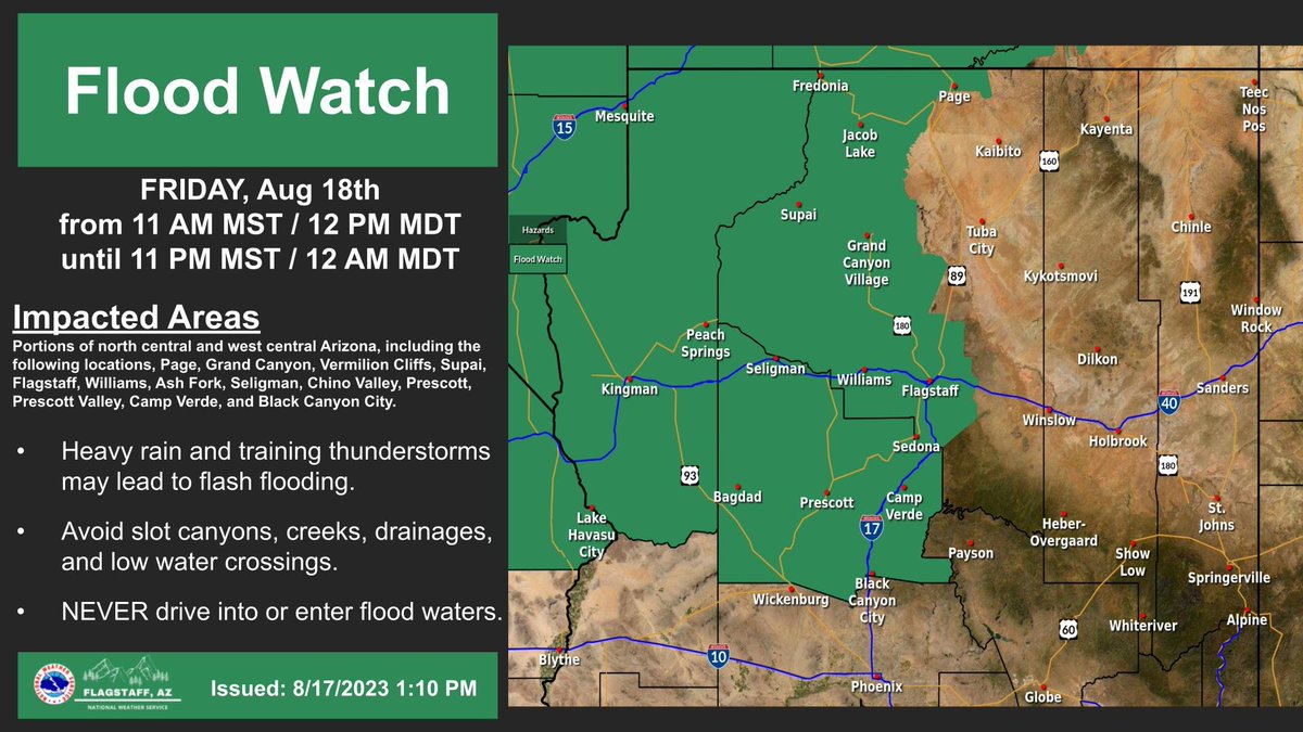 Tropical moisture will work with our traditional monsoon pattern to increase thunderstorm coverage for N. Arizona Friday. The area of greatest concern is the northwest potion of the state. Frequent lightning, small hail, and gusty, erratic winds will also be of concern. #azwx