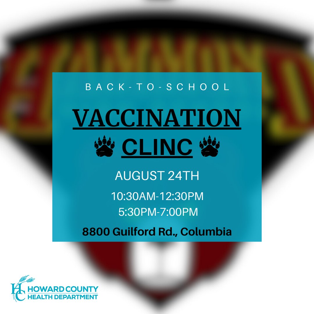 Howard County Health Department (@hocohealth) on Twitter photo Join us on August 24th from 10:30am-12:30pm or 5:30-7:00pm for a back-to-school vaccine clinic at <a href="/hcpss_hahs/">Hammond High School</a>! Visit the link here for more info: howardcountymd.gov/health/childho… Join us on August 24th from 10:30am-12:30pm or 5:30-7:00pm for a back-to-school vaccine clinic at <a href="/hcpss_hahs/">Hammond High School</a>! Visit the link here for more info: howardcountymd.gov/health/childho…