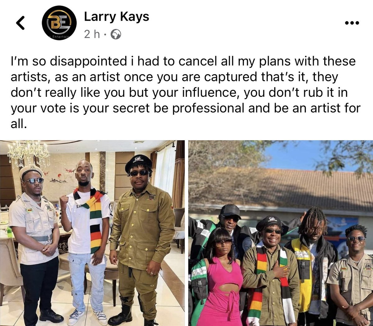 Larry Kays promotions has cancelled plans for music shows involving Holy Ten and Enzo Ishall in America after they endorsed ZANUPF and started wearing ZANUPF regalia.

Larry Kays promotes Zimbabwean artists in America.

Like many before them who endorsed corrupt and repressive