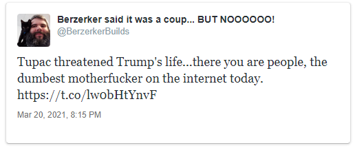 BerzerkerBuilds's tweet photo. I'M BACK BITCHES!

If you can believe it, this was the offending tweet that got my ass banned... https://t.co/Mtk91Id9iy