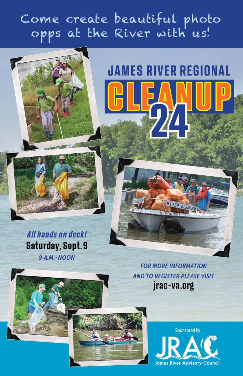 GoochlandGovtVA's tweet photo. Join Goochland County & the James River Advisory Council for the 24th Annual James River Regional Cleanup on Sept. 9th from 9AM - 12PM to help clean up the river at Tucker Park.
For more info & to register please visit https://t.co/BPAbZBpjox #OneRegionRVA #DontTrashGoochland https://t.co/qonZI7zxaw