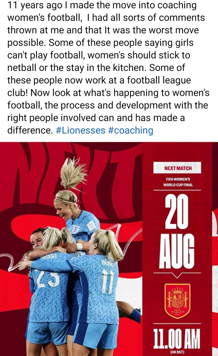 TheLeeMilligan's tweet image. They said "girls can't play football ".  They said "your stupid to coach women, they should stay in the kitchen". Incredibly proud to have been coaching in women's football for 10 yrs, before it became fashionable or as a tick box on a cv. #developingthefuture #coaching