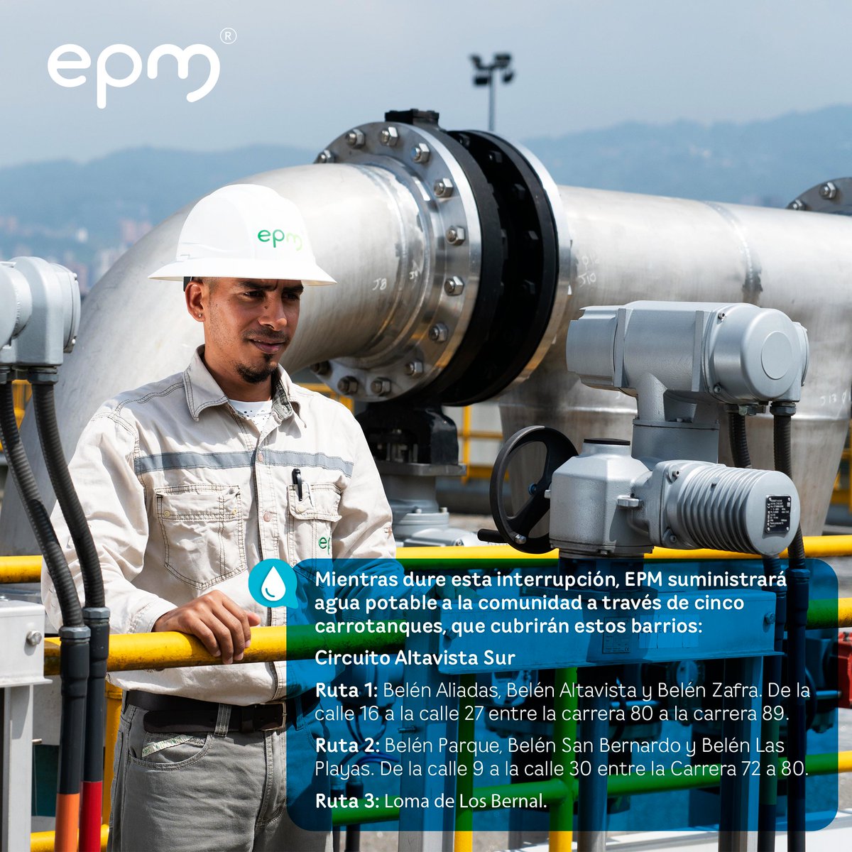 EPMestamosahi's tweet photo. ⚠️💦Presta atención a las #InterrupcionesProgramadasEPM que debemos realizar este domingo 20 y lunes festivo 21 de agosto en un sector del suroccidente de Medellín (circuitos Rincón y Altavista Sur), para cambiar dos válvulas en la red de #AcueductoEPM, con el propósito de seguir prestando un servicio con calidad 👇