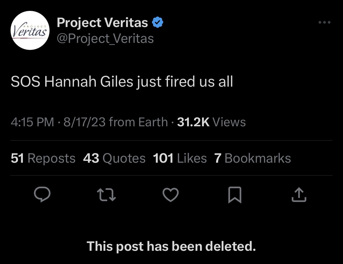 Quite an update from conservative undercover group Project Veritas’s official account. Hannah Giles is PV’s CEO, hired after James O’Keefe was pushed out earlier this year and was the other half of O’Keefe’s ACORN pimp sting.