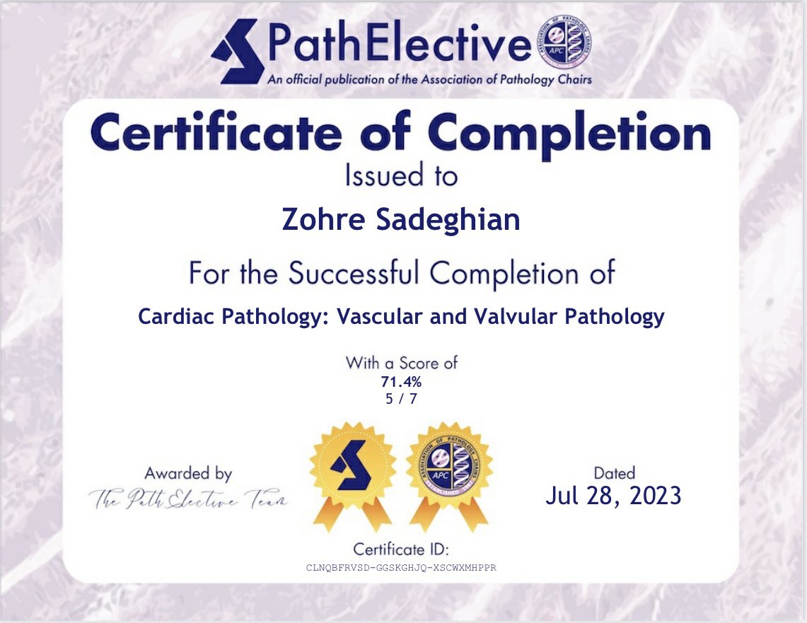 ZohreSdgh96's tweet photo. Just achieved my cardiology certificate from #PathElective 🥳. 

Heartfelt thanks to Dr @KMirza,Dr @cullen_lilley , and the @PathElective team for their commitment to providing excellent education to all🙏.

Your efforts are shaping the future of 
#pathology remarkably 🧬🔬. https://t.co/OCBYSkYtse