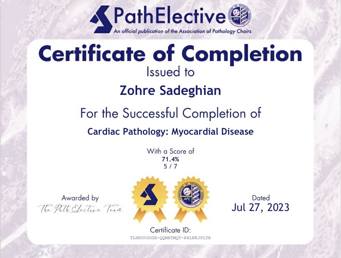 ZohreSdgh96's tweet photo. Just achieved my cardiology certificate from #PathElective 🥳. 

Heartfelt thanks to Dr @KMirza,Dr @cullen_lilley , and the @PathElective team for their commitment to providing excellent education to all🙏.

Your efforts are shaping the future of 
#pathology remarkably 🧬🔬. https://t.co/OCBYSkYtse