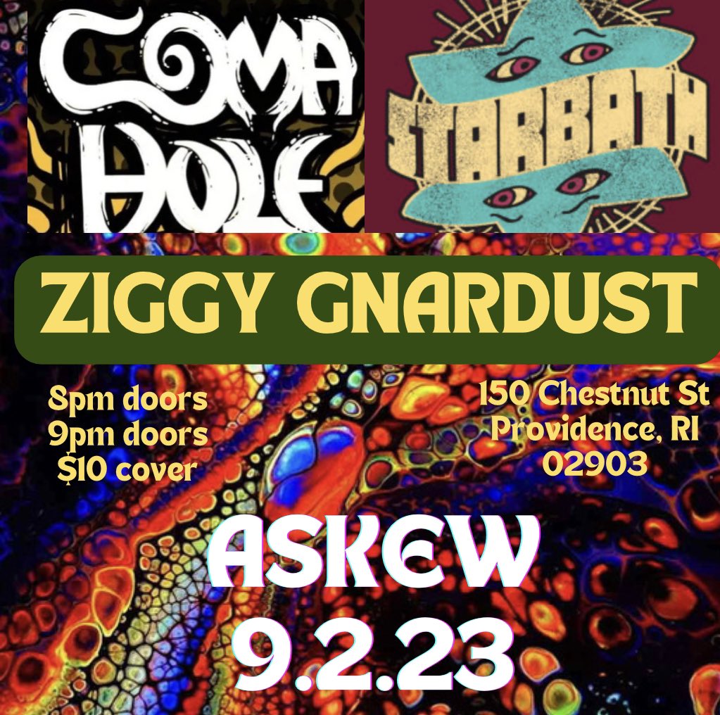 AskewProv's tweet photo. So stoked for three of my favorite acts to rock with us at @askewprov on Saturday 9.2.23!!
Look at this bad ass lineup with @coma_hole @starbathband @ziggygnardust !!
8pm doors
9pm music
$10
Be There!!
#askewprov #comahole #starbath #ziggystardust #rock #alternative #punk https://t.co/KxJZfKgalc