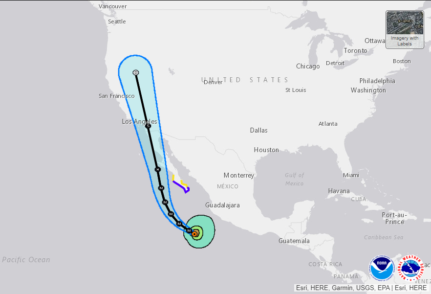 CapitolCurrents's tweet photo. Believe it or not, a hurricane could strike southeast Oregon next week...sort of. "Hurricane Hilary" is currently in the Pacific off the coast of Mexico and is predicted to head north. #orweather https://t.co/rcNn5Xn3rQ