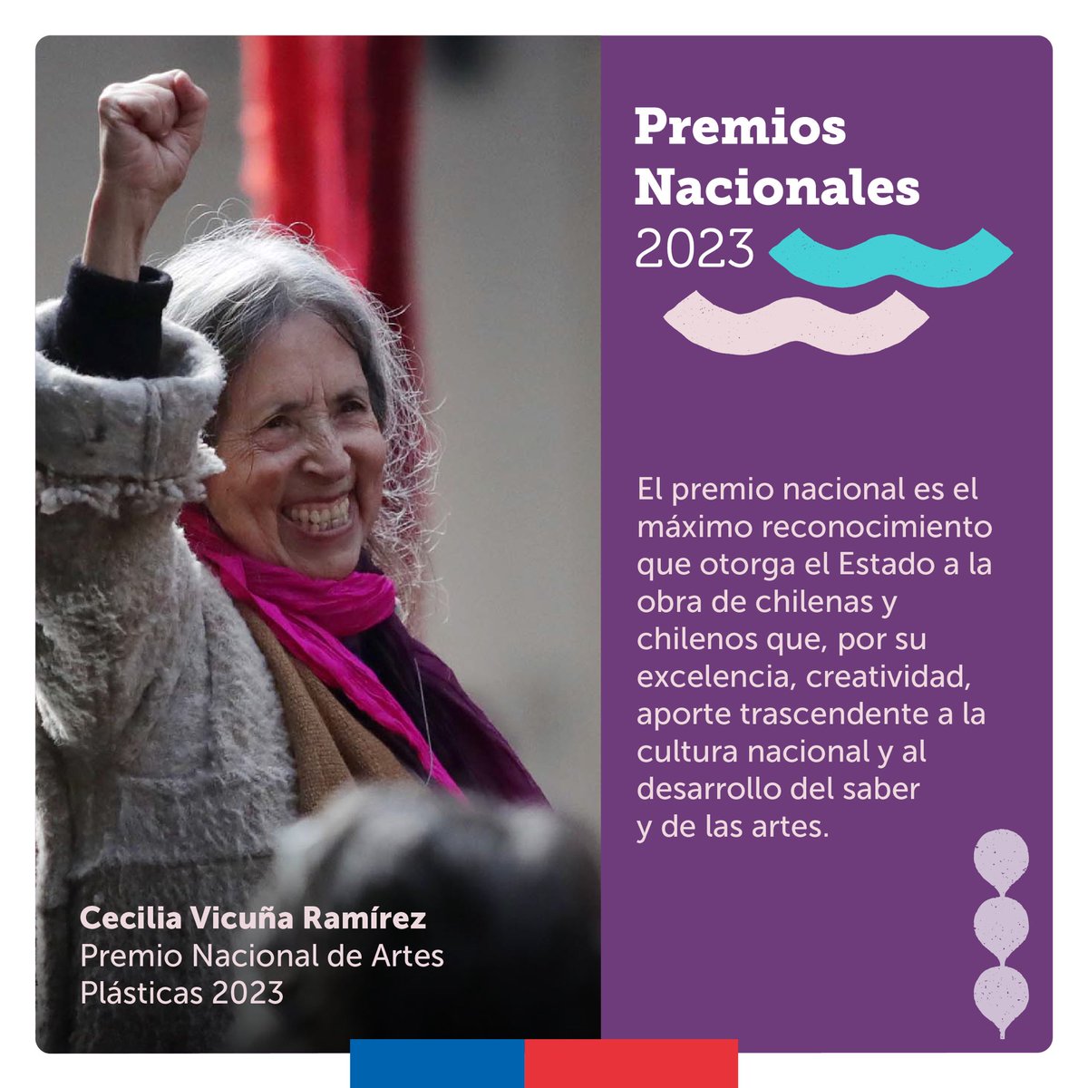 culturas_cl's tweet photo. Ayer anunciamos a la maestra Cecilia Vicuña, como la ganadora del Premio Nacional a las Artes Plásticas 2023. 

Sobre el Premio Nacional a las Artes de la Representación y Audiovisuales, el jurado deliberará durante la próxima semana. 

Los detalles en 👉https://t.co/hemIdCxJxh https://t.co/vkY3aBtuSO