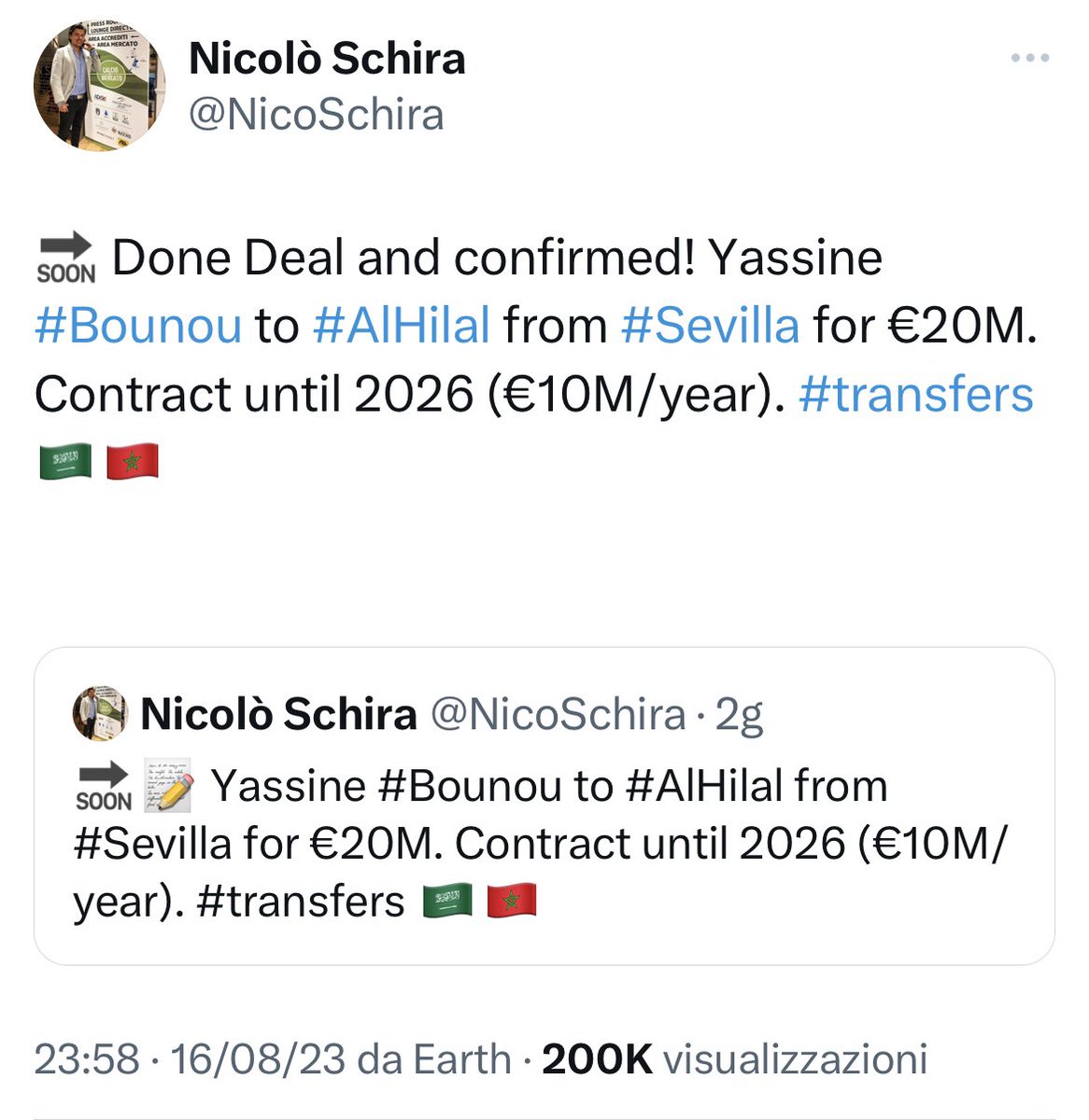 NicoSchira's tweet photo. Now it’s official! Yassine #Bounou to #AlHilal from #Sevilla for €20M. Contract until 2026 (€10M/year). No surprise here and confirmed! #transfers 🇸🇦🇲🇦 https://t.co/Y7HnP6OZCH