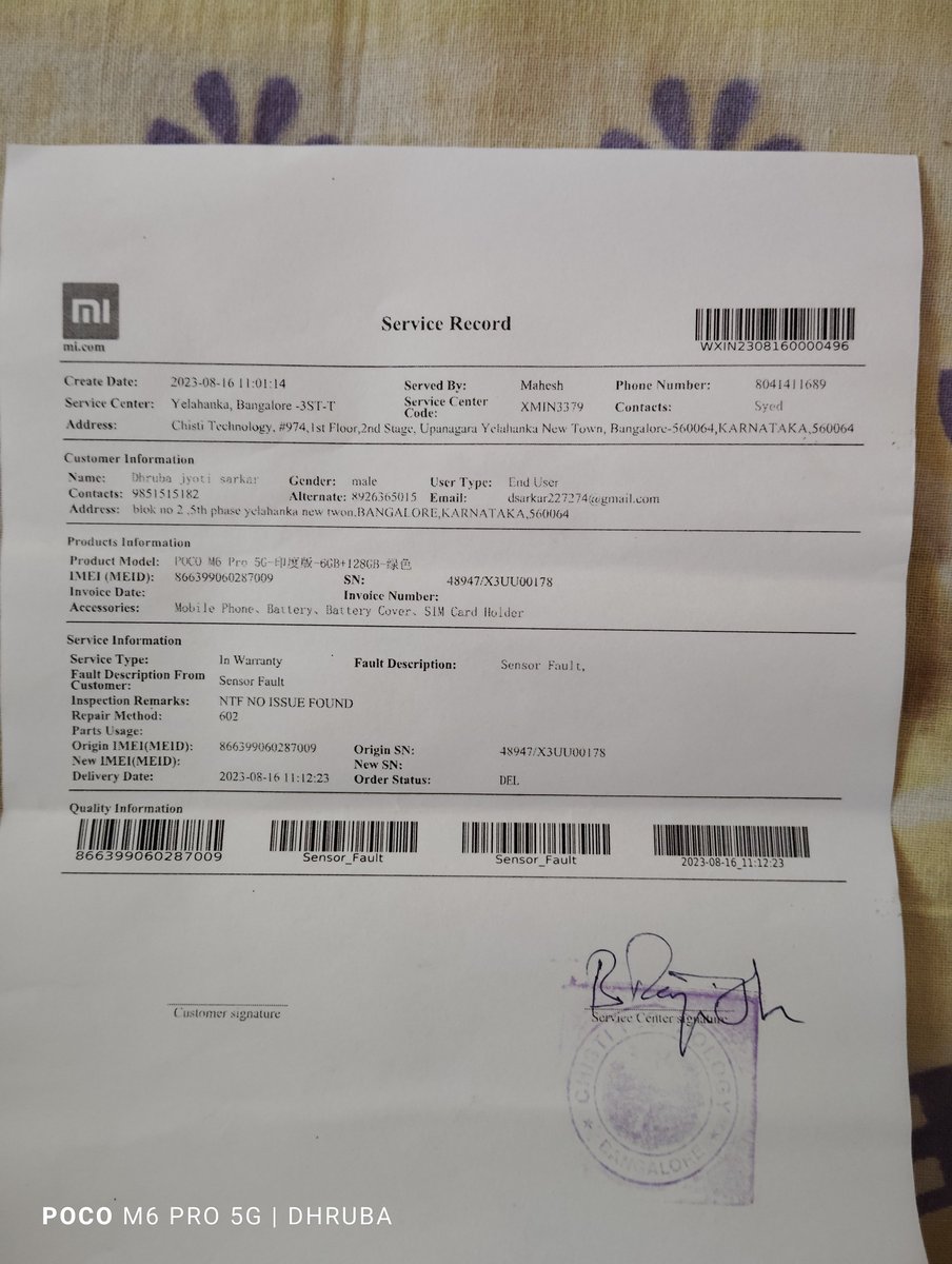 sarkar20223's tweet photo. I am Dhruba Jyoti Sarkar Sarkar. I ordered poco m6 pro 5g mobile from flipkart proximity sensor I go nearest service center: Yelahanka, Bangalore-3ST-T and service center code: XMIN3379  here.But they no help
@GoI_MeitY
@IndiaPOCO 
@POCOSupport 
@flipkartsupport 
@jagograhakjago https://t.co/vAer7hHync