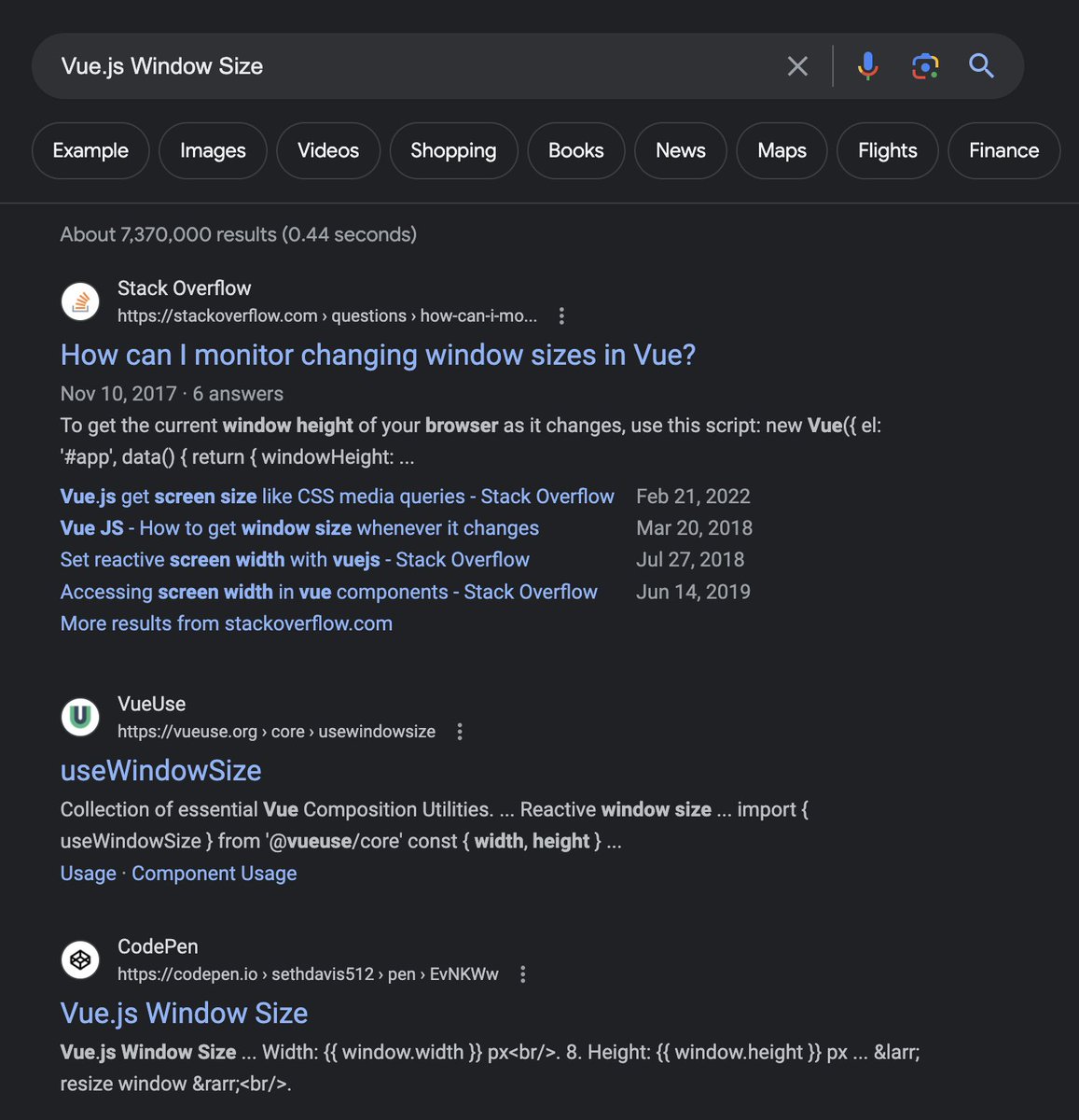 sethdavis512's tweet image. Out of 7 million+ results - my #codepen is 3rd?!
#vue #webdevelopment #webdev
