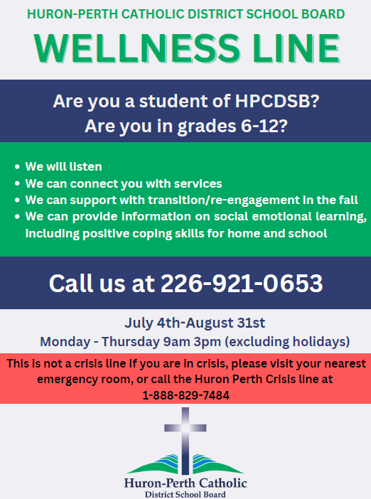 The #HPCDSB Mental Health and Wellness Team has been providing a Summer Wellness Line and it's still open!! This is a *free* phone service for #HPCDSB students in Grades 6-12.
📱Call 226-921-0653 Mon-Thurs. between 9 a.m. and 3 p.m. 
💙Please share!