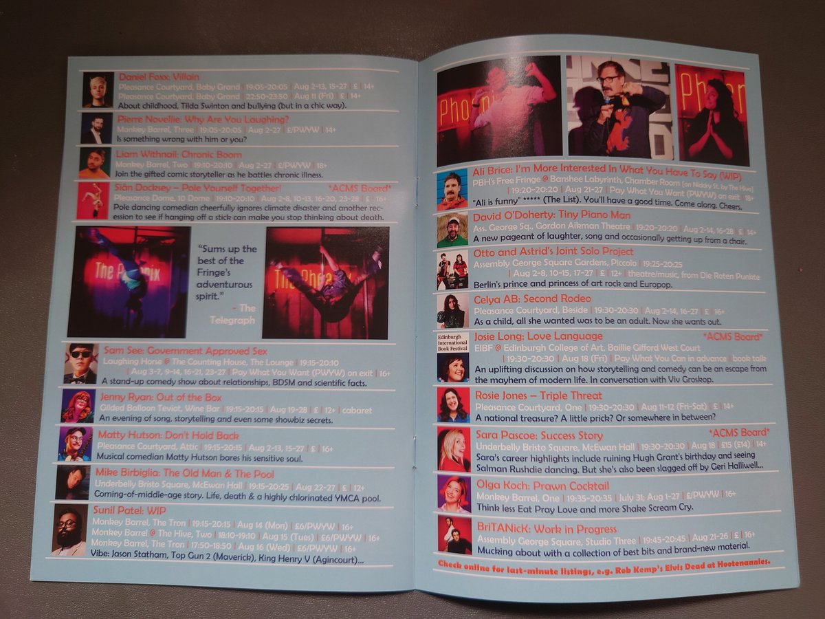 In Edinburgh? Pick up one of our #edfringe recommendation booklets (from us, @alwinsol, @barrelcomedy One bar, etc), then start your night with e.g. @dnlfoxx! @siandocksey! @MrSamSee! @jenlion! @MattHutson! @birbigs! @phlaimeaux! @abcelya! @JosieLong at @edbookfest! @rocknrolga!