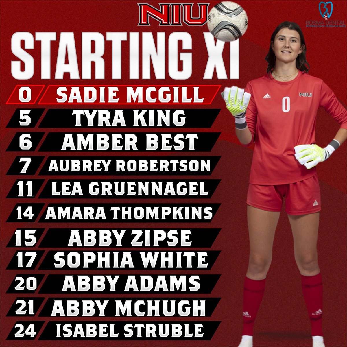 NIUWomensSoccer's tweet image. It all starts 𝗡𝗢𝗪! ⚽️

Your 𝗦𝘁𝗮𝗿𝘁𝗶𝗻𝗴 𝗫𝗜, presented by Bosma Dental!