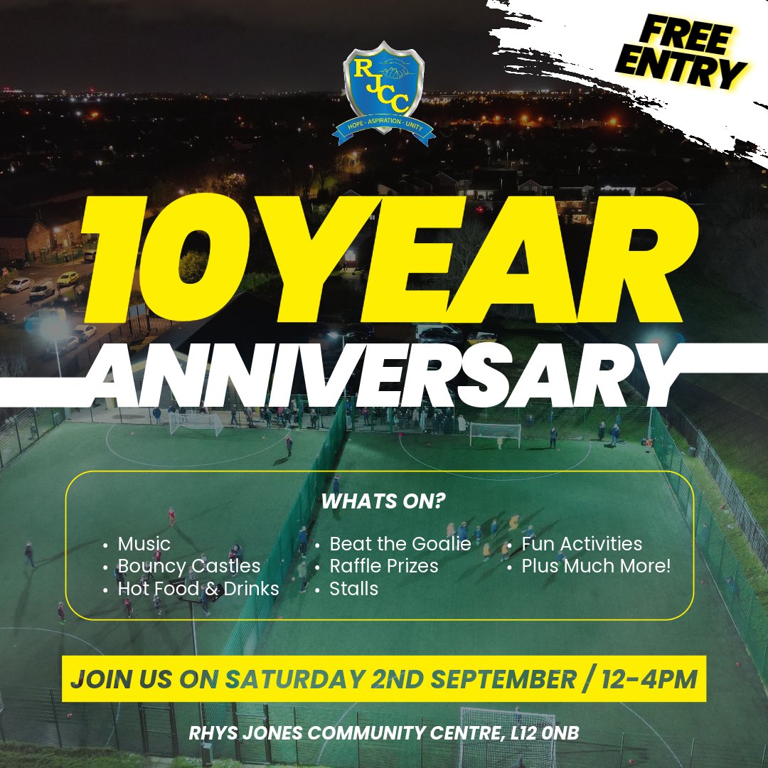 RJCCFoundation's tweet photo. 𝘼𝙍𝙀 𝙔𝙊𝙐 𝙍𝙀𝘼𝘿𝙔⁉️

The Rhys Jones Community Centre will soon be 🔟 years old‼️

We're hosting an event to celebrate, and we hope to see you there 🙌

🗣 Spread the word, and let's make it a day to remember

@LivEchonews @itvnews @lpoolcouncil @RadioCity967 @capliverpool https://t.co/fpvf1FL2zB