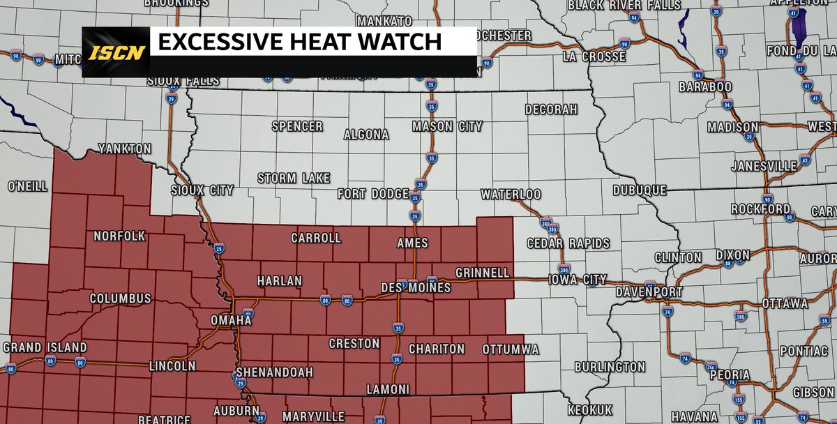 IAStormChasing's tweet photo. Excessive heat watches are being issued ahead of the hot weather expected to move in this weekend and into next week. Heat index values up to 110 degrees will be expected. #iawx #IowaWeather #heatwave https://t.co/rIJqrNKDDc