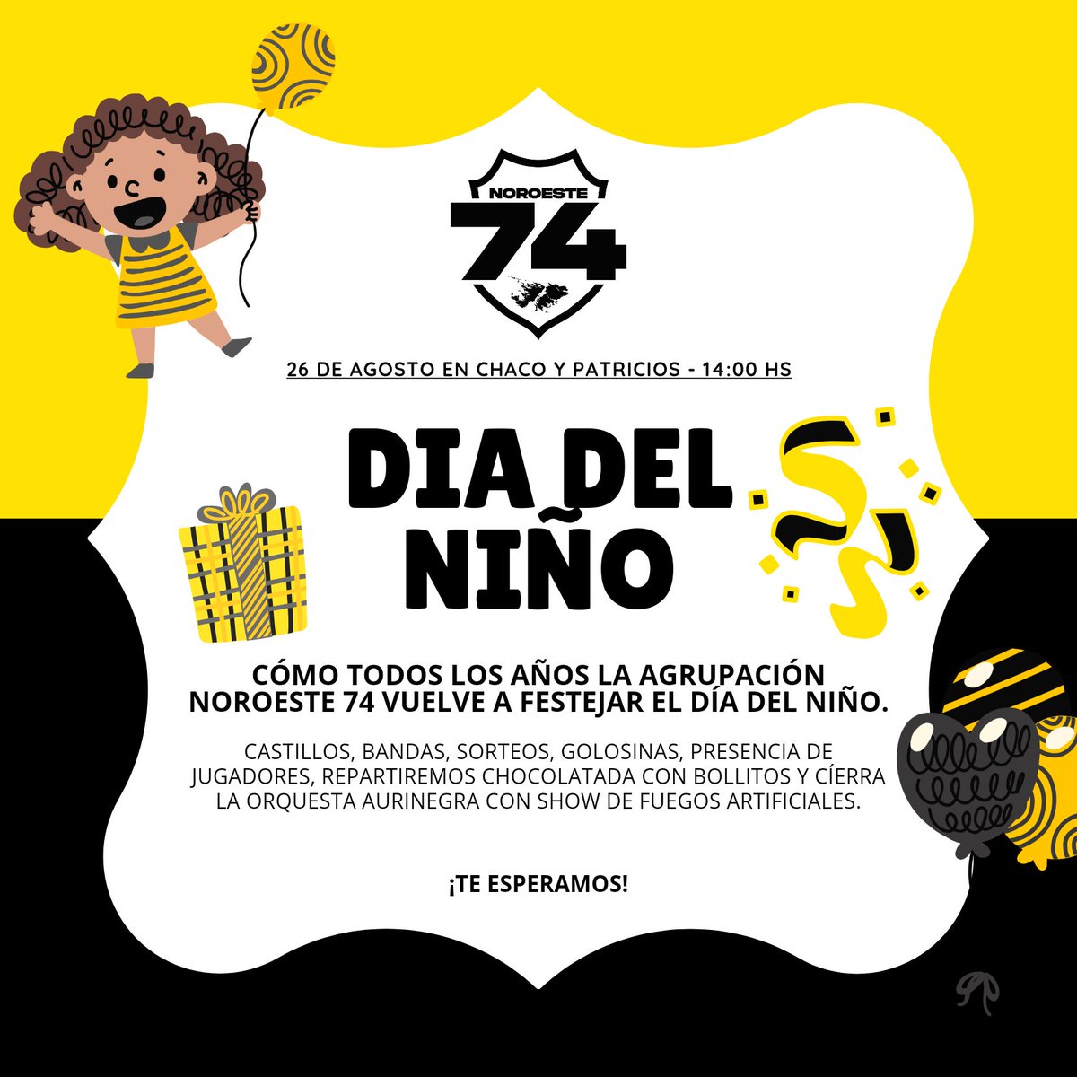 #DíaDelNiño 😀
Cómo todos los años y una vez más volvemos a festejar el día de la niñez.
La agrupación noroeste 74 invita a todos los chicos del barrio noroeste y a los barrios más llegados a que vengan a disfrutar un lindo día y gran festejo. 

Chaco y Patricios -Barrio Noroeste
