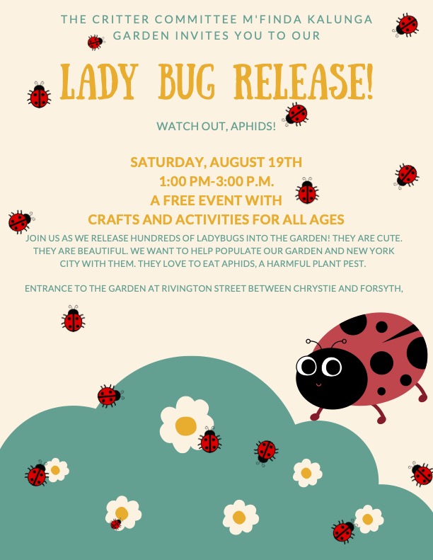 SaraRPCC's tweet photo. LadyBug Release! 
This Saturday 1-3pm M'Finda Kalunga Community Garden @mkgarden_ 
Rivington btwn Chrystie &amp; Forsyth
@NYCParks @NYCGreenThumb @GreenMapNYC  @tenementmuseum @UnivSettlement @_FABnyc @RemoteTheater @brc_org @CB3Man @lesecologyctr https://t.co/pARdEeJXIb