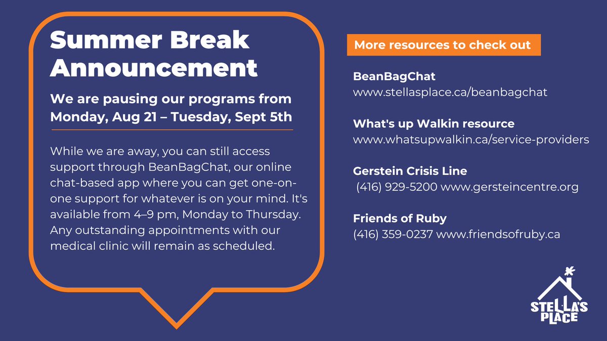 stellasplaceca's tweet photo. 📢📢 Summer Break Announcement!! We are pausing our programs from Monday, August 21 – Tuesday, September 5th

While we are away, you can still access support through our online chat-based app, available from 4–9 pm, Monday to Thursday: https://t.co/2M3NtvSXmD

See you soon! https://t.co/SL3NvcRS3y