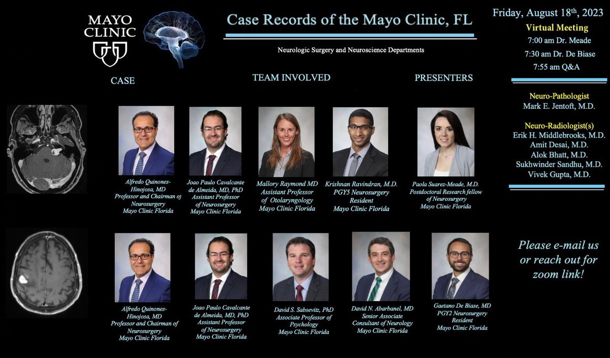 Adrian Safa M.D. (@adrian_safa) on Twitter photo Join us tomorrow @7AM for our Case Records of the Mayo Clinic Florida!
Looking forward to a great discussion and learning pearls from our multiD team.
<a href="/DoctorQMd/">Dr. Alfredo Quiñones-Hinojosa</a> <a href="/joao_p_almeida/">Joao Paulo Almeida</a> <a href="/kchaichanamd/">kaisorn chaichana</a> <a href="/MayoClinicNeuro/">Mayo Clinic Neuro</a> <a href="/mayoflnsgyres/">Mayo Clinic Florida Neurosurgery Residency</a> <a href="/diogo_mgarcia/">Diogo Moniz Garcia</a> <a href="/gdebiase_md/">Gaetano De Biase, MD</a> <a href="/paosmeade/">Paola Suárez Meade, MD</a> <a href="/lmichmd/">Loizos Michaelides, MD</a> Join us tomorrow @7AM for our Case Records of the Mayo Clinic Florida!
Looking forward to a great discussion and learning pearls from our multiD team.
<a href="/DoctorQMd/">Dr. Alfredo Quiñones-Hinojosa</a> <a href="/joao_p_almeida/">Joao Paulo Almeida</a> <a href="/kchaichanamd/">kaisorn chaichana</a> <a href="/MayoClinicNeuro/">Mayo Clinic Neuro</a> <a href="/mayoflnsgyres/">Mayo Clinic Florida Neurosurgery Residency</a> <a href="/diogo_mgarcia/">Diogo Moniz Garcia</a> <a href="/gdebiase_md/">Gaetano De Biase, MD</a> <a href="/paosmeade/">Paola Suárez Meade, MD</a> <a href="/lmichmd/">Loizos Michaelides, MD</a>