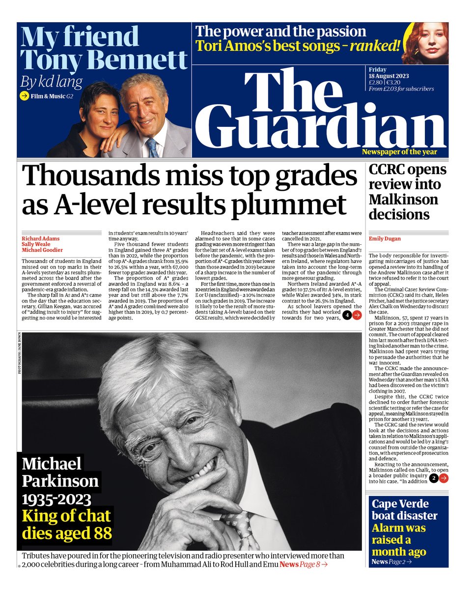 Guardian front page, Friday 18 August 2023: Thousands miss top grades as A-level results plummet