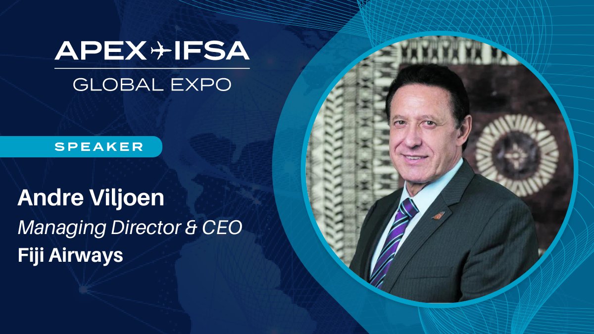 theAPEXassoc's tweet photo. Just confirmed: Andre Viljoen, @FijiAirways Managing Director &amp; CEO, will be speaking during the Thought Leadership Conference at next month's APEX/@IFSAOnBoard #GlobalEXPO.

Register by the early bird deadline of TOMORROW, &amp; SAVE: https://t.co/29RaftbIos  

#PaxEx #Aviation https://t.co/pSD5PkoQA6