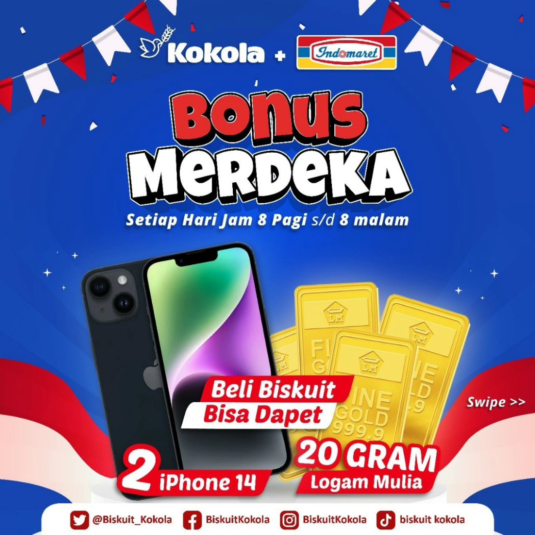 biskuit_kokola's tweet photo. MAU 2 IPHONE 14 dan 20gram LOGAM MULIA GRATISS ?

Tiap Minggunya👏🏻
Kejar rejeki mu dengan ikutan KOKOLA INDOMARET BONUS MERDEKA🇮🇩

Setiap hari mulai jam 8 pagi s/d 8 malam 
Hadiah Dobel dobel 
📌 2 Unit Iphone 14
📌 20gram Logam Mulia
📌 Promo potongan harga langsung di Indomaret https://t.co/d9LSWZ2amk