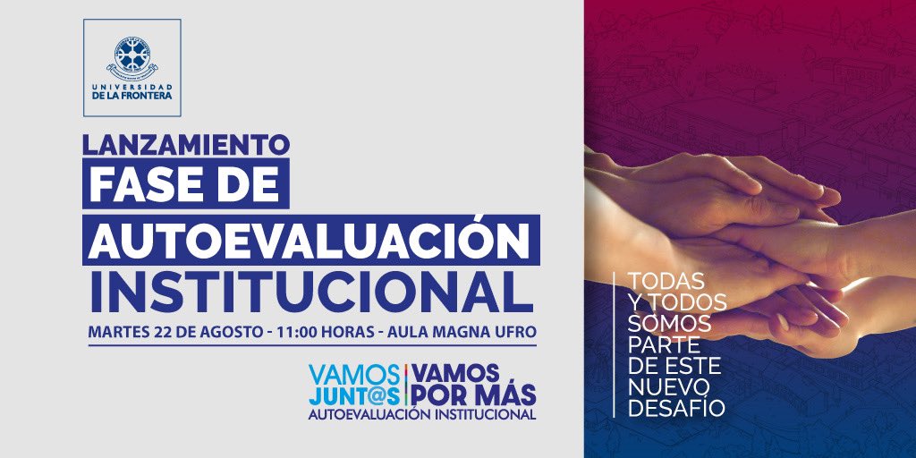 humanidadesufro's tweet photo. ¡Todas y todos somos parte de este nuevo desafío!
 
Miércoles 22 de agosto, a las 11.00 hrs, les esperamos en el Aula Magna para la ceremonia de lanzamiento de la Fase de Autoevaluación Institucional.
  
#UFRO #acreditación #ues #Ufrontera #Araucanía #Temuco #UEstatales https://t.co/6VkuQjrfsM
