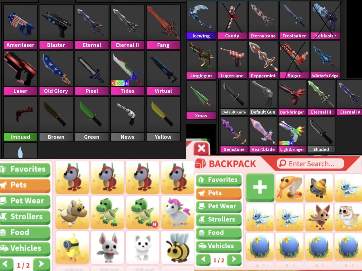 Courxney6758's tweet photo. Trading MM2 weapons and adopt me pets for Royale High diamonds or sets or a halo ! NGF - don’t offer if ur not gonna go first 
( Trading all of these items for RH items or diamonds )
#mm2 #adoptmepets #MM2 #mm2trades #royalehigh #royalehighcrosstrade https://t.co/etPaDcI2Gq
