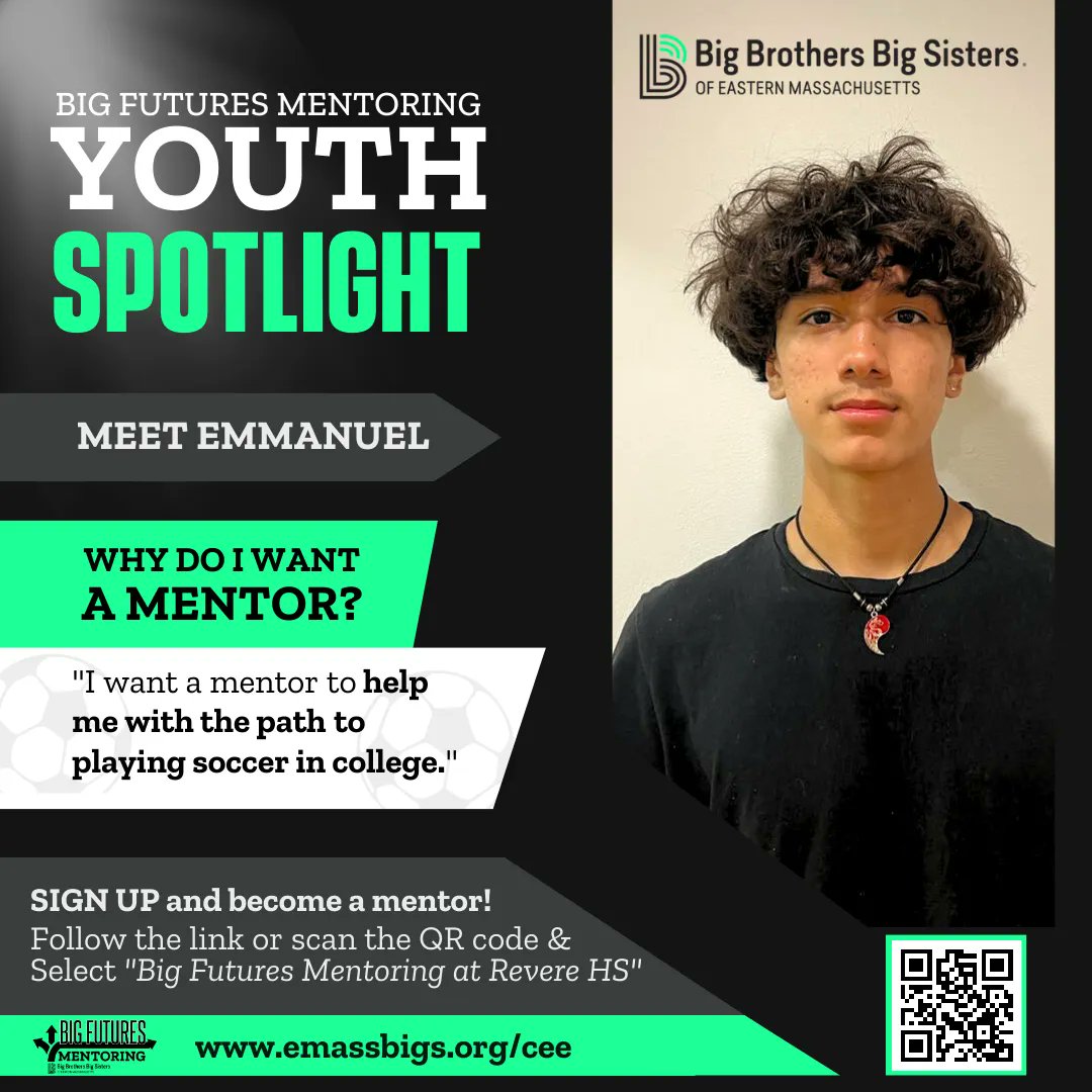 Introducing our first Big Futures Youth Spotlight… Emmanuel! 🎉 ⚽️
Emmanuel needs a mentor like you to help him on the path to playing soccer in college.
Sign up today to be a Big! bit.ly/3KMiLEl