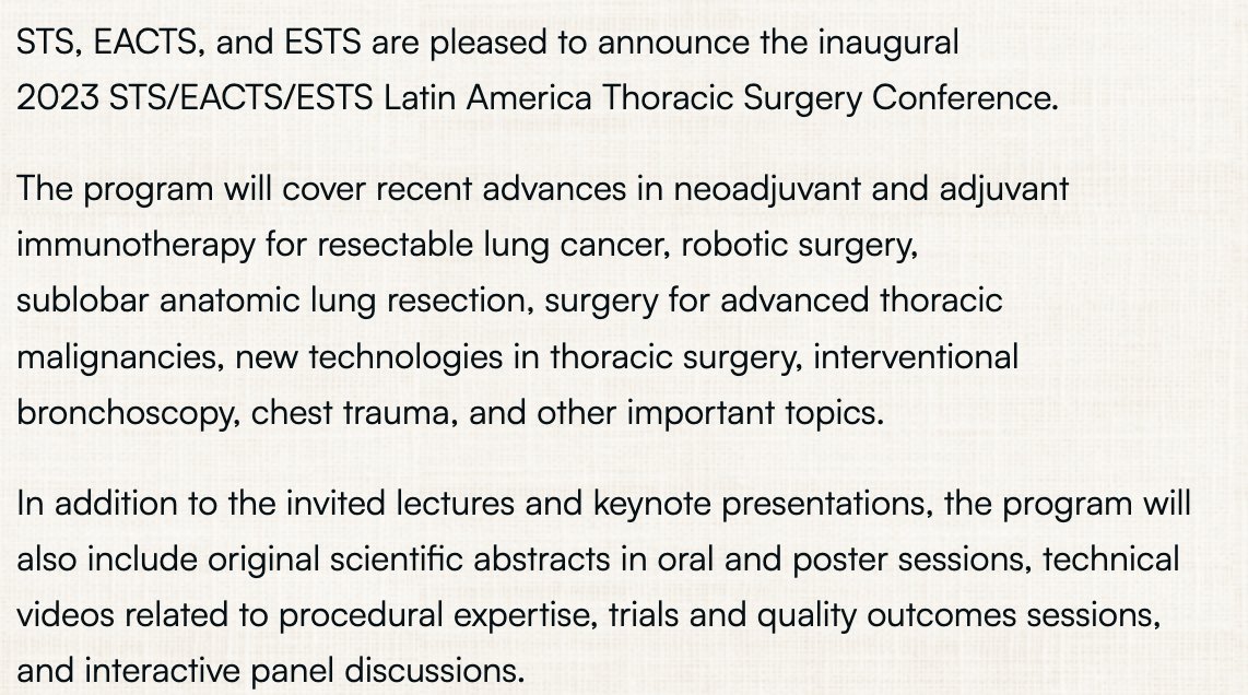 .@STS_CTsurgery @EACTS @thoracic are pleased to announce the inaugural 2023 STS/EACTS/ESTS Latin America Thoracic Surgery Conference Dec 1-2, 2023, Rio de Janeiro, Brazil Details here: sts.org/calendar-of-ev… Especially grateful to the amazing regional organizations and…