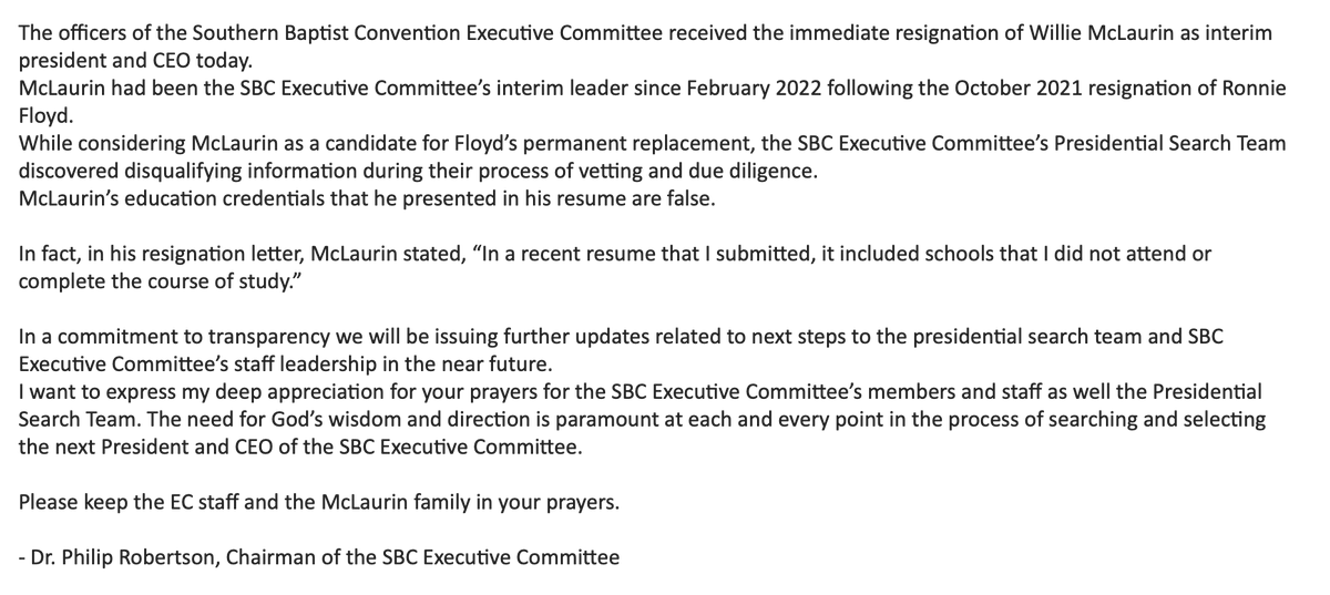 liamsadams's tweet photo. NEW: SBC Executive Committee interim president and CEO Willie McLaurin resigned today. Here's the executive committee's official statement, story forthcoming. https://t.co/7VzY4O3SnW