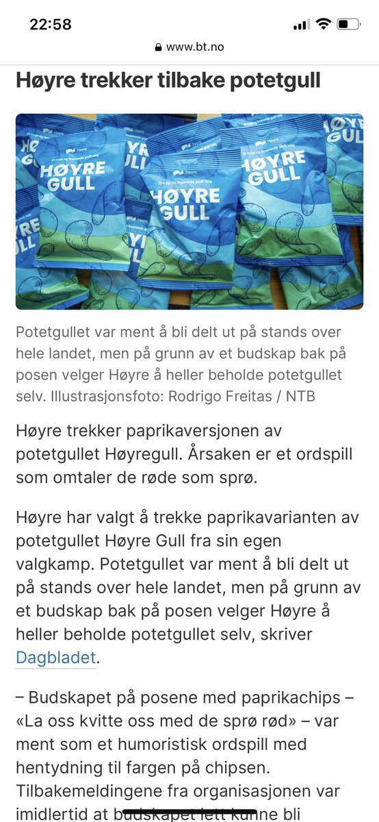 Ser ikkje vekk frå at det har vore ein spin doctor heilt oppe på Andy Coulson sitt nivå i aksjon hos Høgre her: «Me produserer chipsen, så trekkjer me han tilbake før han i det heile er kommen ut. Dette for å visa at me i dagens debattklima tek krenking på høgste alvor.»